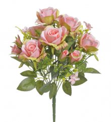 Kytice umělých růžiček 6 květů a 6 poupat s listy a doplňky dl. 30cm