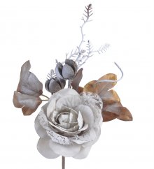 Umělá růže s krajkou na drátku s lístky a doplňky,  květ Ø 8cm/ zápich celkem 25cm_01