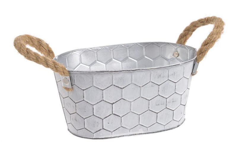 Plechová oválná nádoba s uchy z provazu 18,5cmL x 11,5cm W x 9cmH