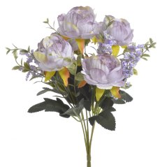 Kytice umělých růžiček s doplňky a listy, květ Ø 6cm/dl. celkem 30cm