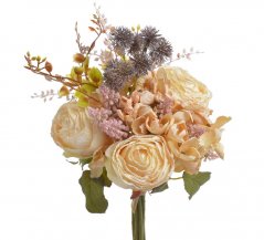 Umělá kytice mix růží, hortenzií, bodláků a doplňků dl. 38cm