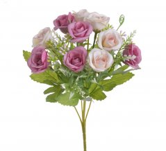 Kytice umělých růžiček s listy a doplňky, květ Ø 3,5xm/celkem dl. 27cm