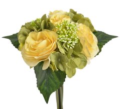 Kytice umělých hortenzií a růží s doplňky a listy dl. 30cm
