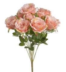 Kytice umělých růží s listy a doplňky, květ Ø 6-7cm/celkem dl. 52cm -12 ks