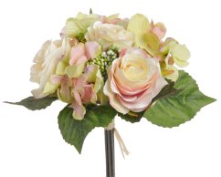 Kytice umělých hortenzií a růží s doplňky a listy dl. 30cm