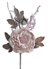Květ umělé pivoňky s doplňky a lístky, květ Ø 9cm, zápich dl. 33cm_03K