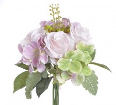 Kytice umělých růží a hortenzií s doplňky a listy dl. 28cm