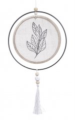 Dekorace dřevěný kruh Ø 15 cm s plátnem potištěným rostlinami v drátěném kruhu - závěs