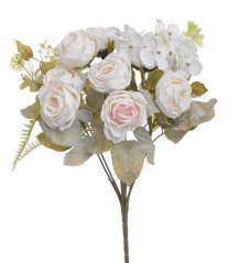 Umělá kytice 7 ranunculusů, 1 hortenzie s doplňky a listy,  květ Ø 5cm, dl. celkem 30cm