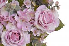 Umělá kytice 3 růží, 3 hortenzií s doplňky a listy, květ Ø 12cm, dl. celkem 53cm