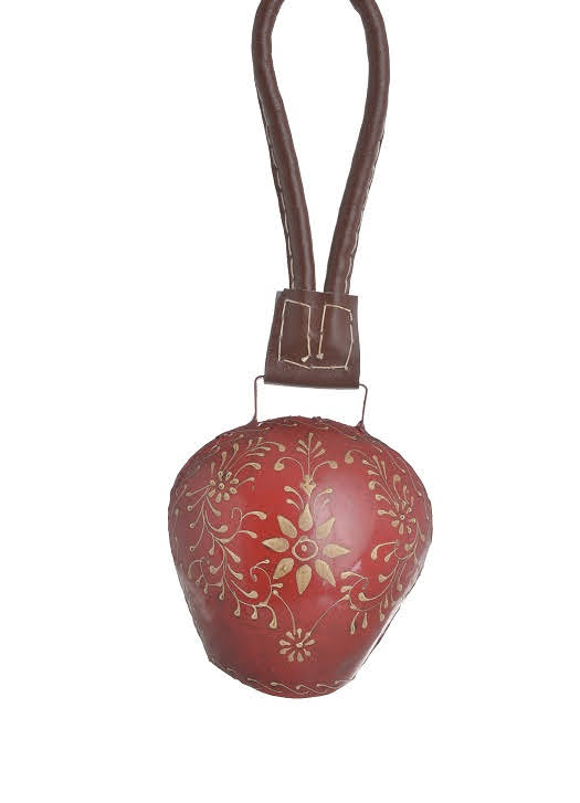 Dekorace plechový barvený kravský zvon s ornamenty (12cmL x 6,5cmW x 14cmH) 32cmH