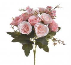 Kytice umělých růžiček s doplňky a listy, květ Ø 5cm/dl. celkem 28cm