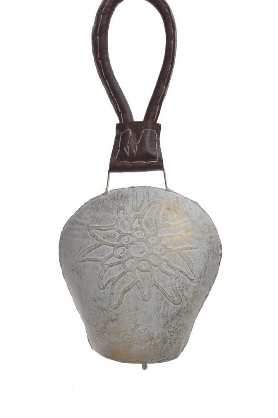 Dekorace plechový barvený kravský zvon s ornamenty 22x12cm..(14,5cmLx9cmWx14cmH) 32cmH