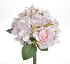 Svazek umělých růží a hortenzií s doplňky a listy, růže Ø 7cm, dl. 31cm