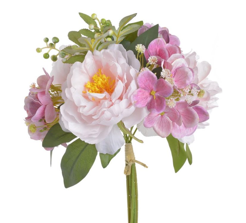 Kytice umělých pivoněk a hortenzií s doplňky, pivoňka Ø12cm/dl. celkem 35cm