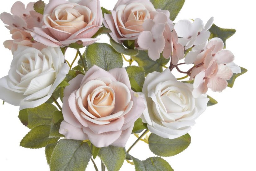 Kytice umělých rozkvetlých růží a hortenzií dl.celkem 44cm