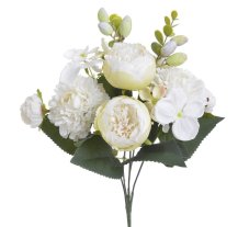 Umělá kytice míchaná z 3 růží, 2 chryzantém s doplňky a listy dl.31cm