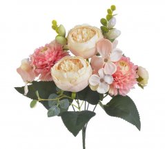 Umělá kytice míchaná z 3 růží, 2 chryzantém s doplňky a listy dl.31cm