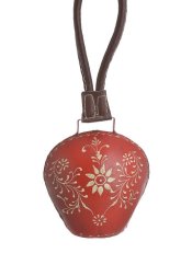 Dekorace plechový barvený kravský zvon s ornamenty (15cmL x 9,5cmW x 16cmH) 35cmH