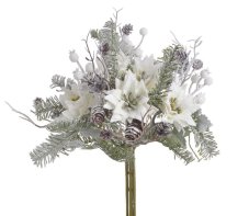 Vánoční umělá posněžená kytice s poinsettií a doplňky, květ Ø 7cm, dl.36cm