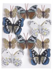 Dekorační motýl z plastu a peří na klipu 4,5cm, 7,5cm - 10ks