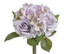 Umělá kytice míchaná z 4 růží a hortenzie s doplňky, dl. 28cm