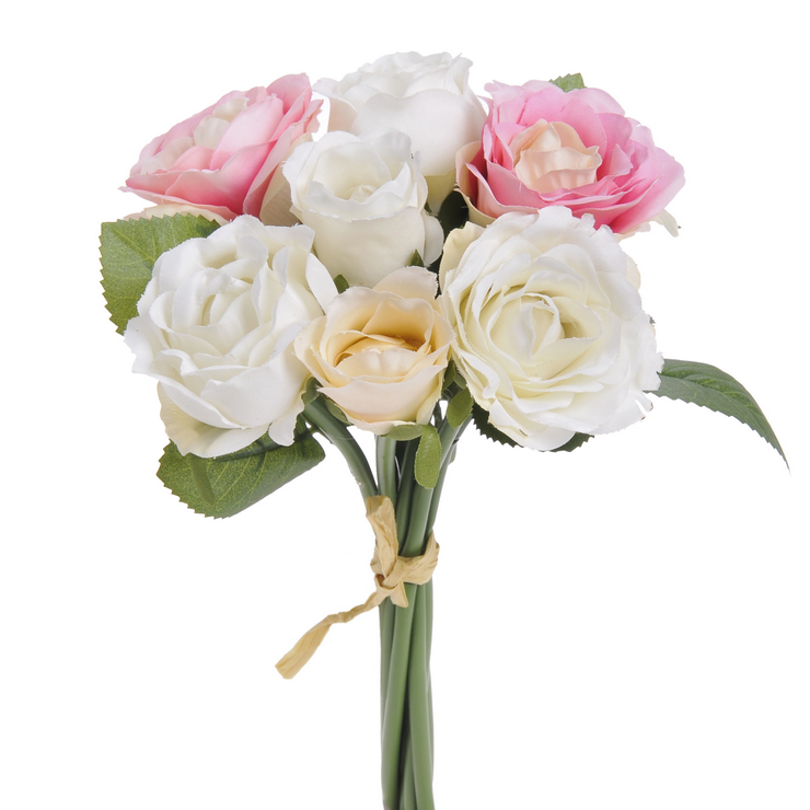 Umělá květina růže - 5 květů a 2 poupata s listy 25cm - svazek - Barva: Bílá / růžová