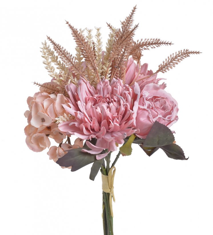 Umělá kytice míchaná z 2 hortenzií, 2 chryzantém a doplňků, dl. 35cm