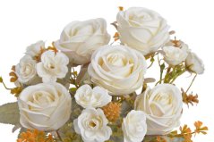 Umělá kytice růží, 6 květů s listy a doplňky  květ Ø 5cm, dl.43cm