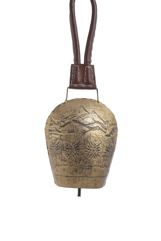 Dekorace plechový barvený kravský zvon s ornamenty  (12,5cmLx6cmWx17,5cmH