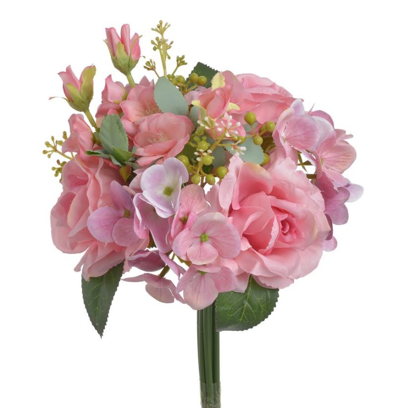 Kytice umělých růží a hortenzií s doplňky a listy - dl. 31cm