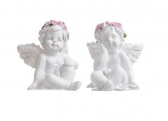 Dekorace sedící anděl s růžovým věnečkem 5cm -  2ks