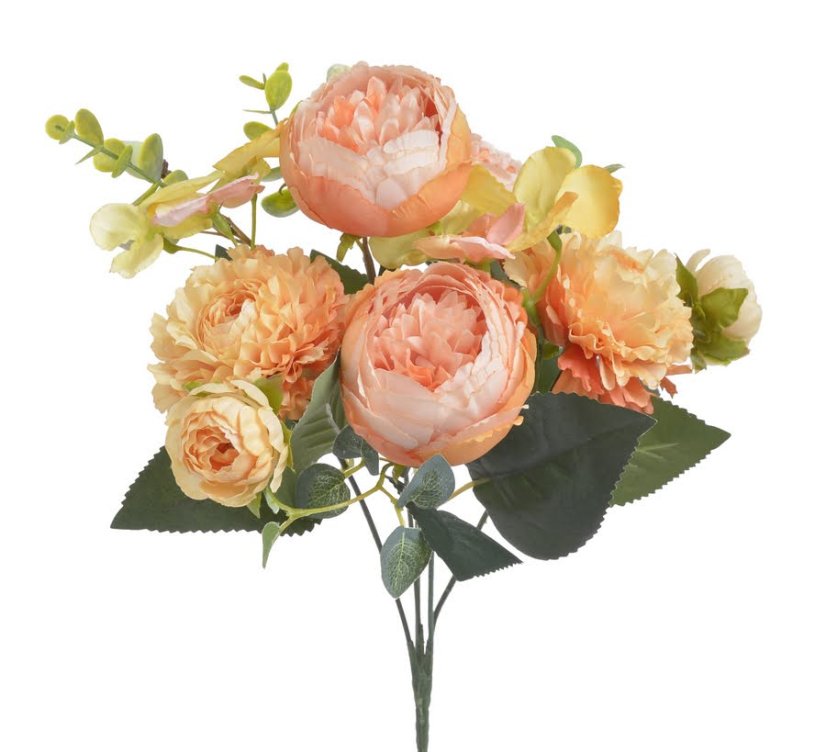 Umělá kytice míchaná z 3 růží, 2 chryzantém s doplňky a listy dl.31cm