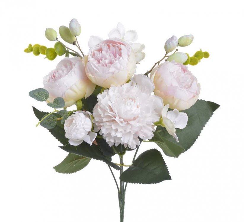 Umělá kytice míchaná z 3 růží, 2 chryzantém s doplňky a listy dl.31cm