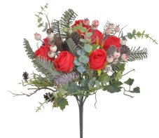 Vánoční umělá kytice s růžemi a doplňky, květ Ø 5cm, dl.42cm