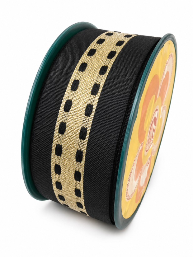 Plátěná tužená stuha černá se zlatým vzorem 40 mm × 10 m Plátěná tužená stuha černá se zlatým vzorem 40 mm × 10 m