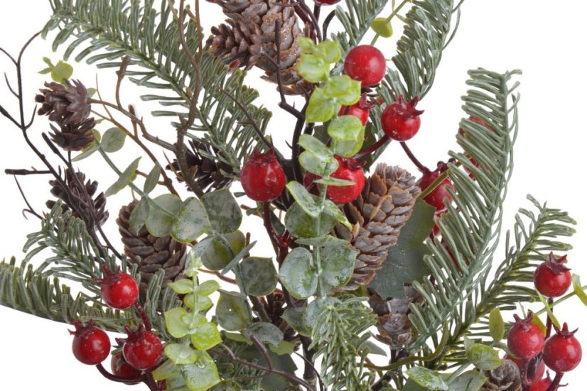 Umělá větvička hlohu s chvojím a šiškami 68 cm