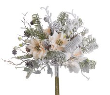 Vánoční umělá posněžená kytice s poinsettií a doplňky, květ Ø 7cm, dl.36cm