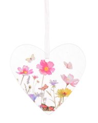 Dekorace - plexisklové srdce s kytičkami (12,6cmLx0,3cmWx12cmH) 22cmH - závěs