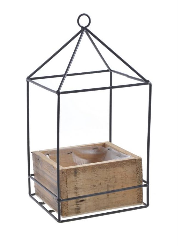 Drátěná dekorace ve tvaru domku s dřevěným truhlíkem a igelitem 16,5  x 16,5 x 34 cm