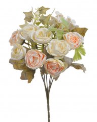 Umělá kytice 7 ranunculusů, 1 hortenzie s doplňky a listy,  květ Ø 5cm, dl. celkem 30cm