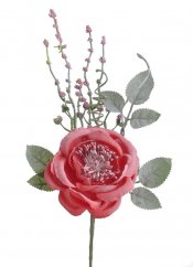 Květ umělé růže s doplňky a lístky, květ Ø 8cm, zápich dl. 25cm_55