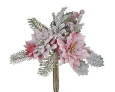 Umělá posněžená kytice 3 poinsettií s doplňky, květ Ø 10cm, dl.30cm