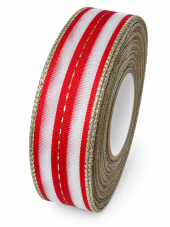 Plátnová stuha s proužky a zlatým okrajem 25 mm × 25 m – červeno-bílá