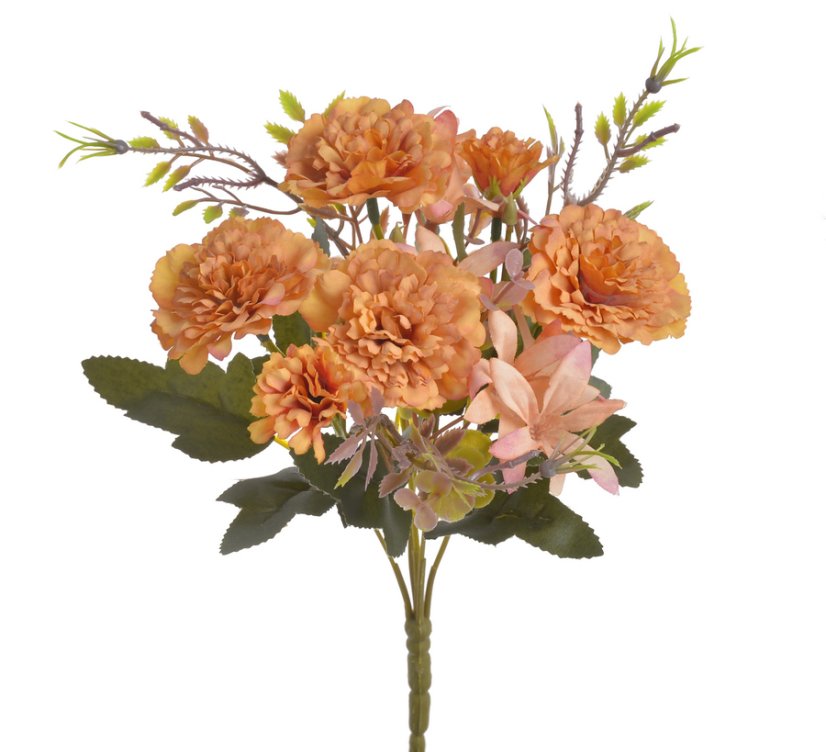 Kytička umělých karafiátů a polních květů, karafiát Ø 5cm/dl. celkem 33cm
