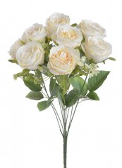 Kytice umělých růžiček s doplňky a listy, květ Ø 7cm/dl. celkem 42cm