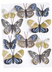 Dekorační motýl z plastu a peří na klipu 4,5cm, 7,5cm - 10ks