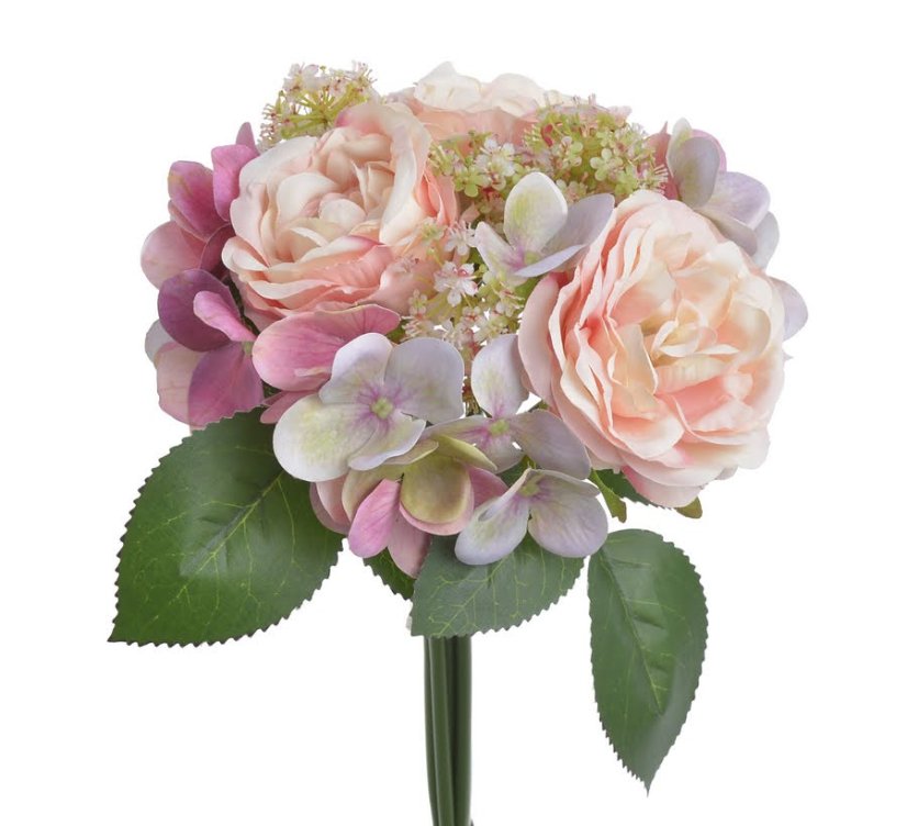 Kytice umělých hortenzií a růží s doplňky a listy dl. 30cm