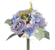 Kytice umělých růží a hortenzií s doplňky a listy dl. 28cm