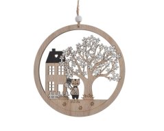 dekorace kruh s vykrojeným motivem domku a stromu (13,5cm∅x0,5cmWx13,5cmH) 23cmH - závěs
